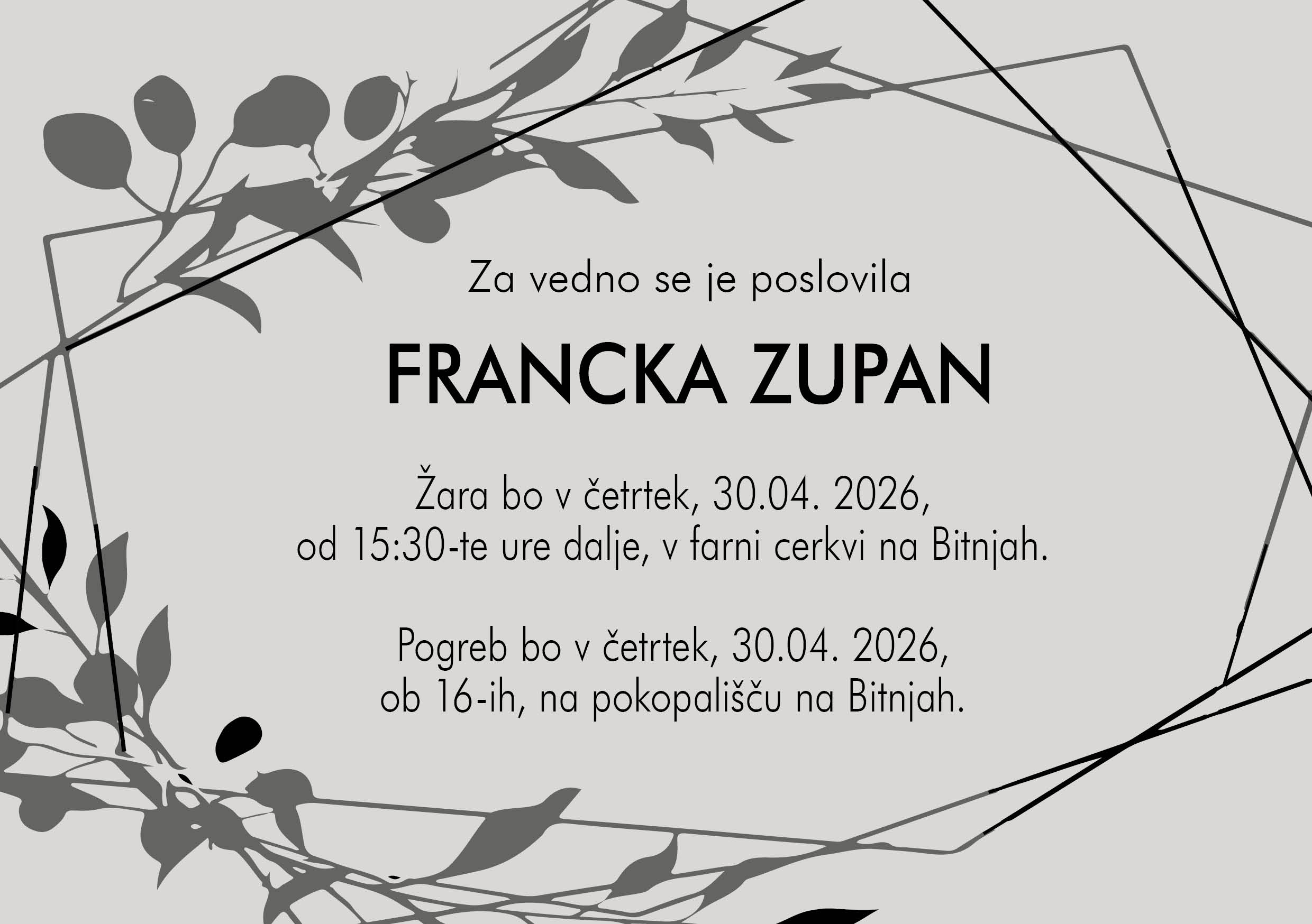 ZUPAN FRANČIŠKA OSMRTNICA primer